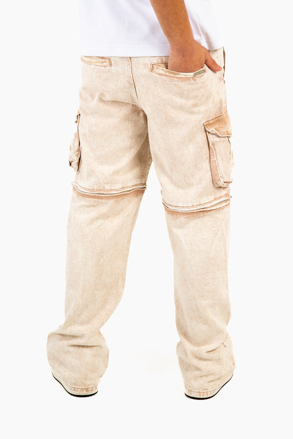 Liquor & Poker Washed Beige Baggy Cargo Trouser Detachable Zip-Off Shorts