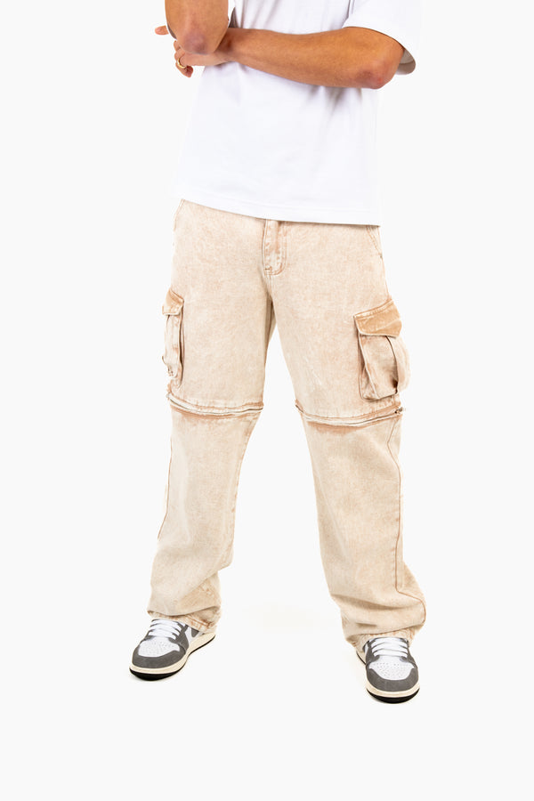 liquor & poker Washed Beige Baggy Cargo Trouser Detachable Zip-Off Shorts