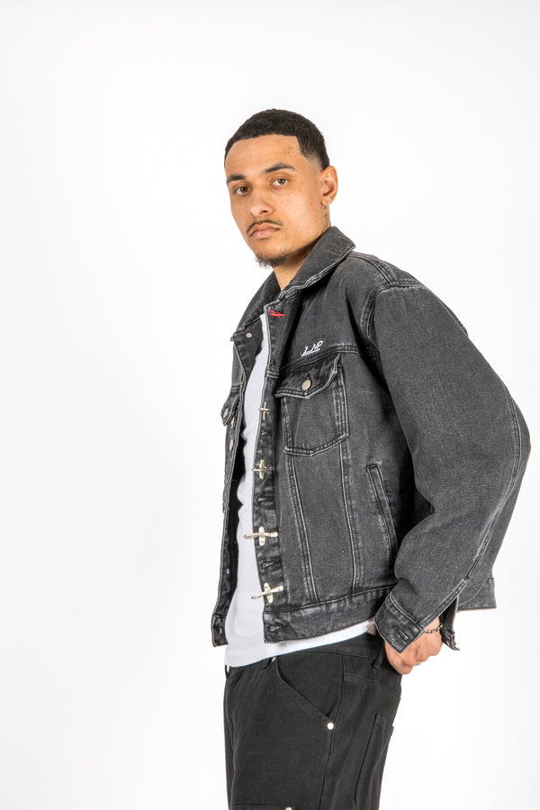 liquor & poker Washed Black Clasp Detail Denim Jacket