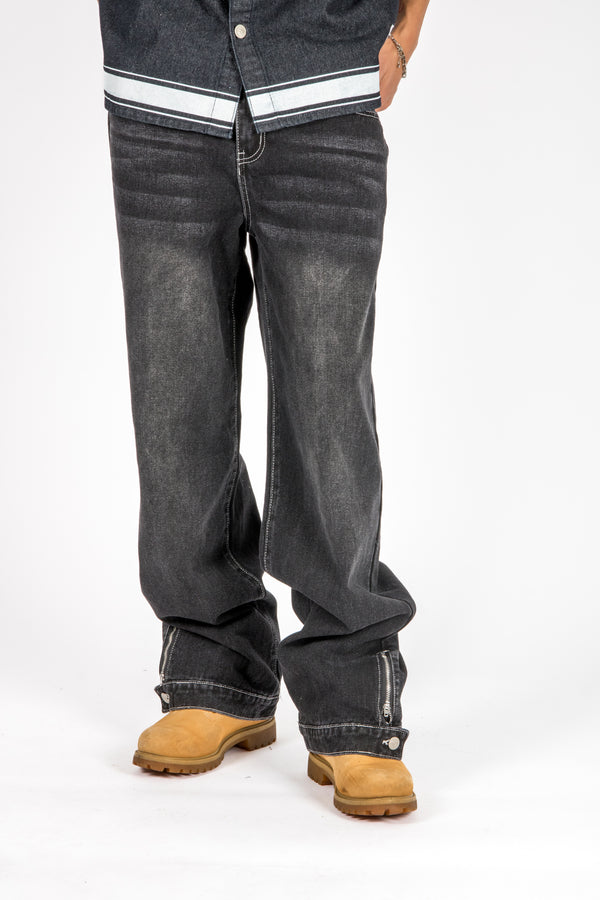 Liquor & Poker Washed Black Contrast Stitch Barrel Varsity Jeans