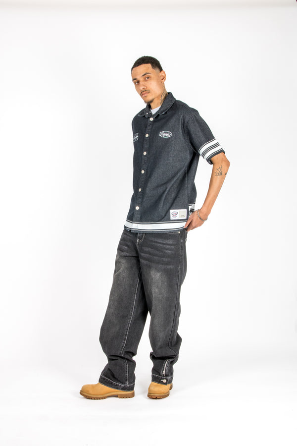 Liquor & Poker Washed Black Contrast Stitch Barrel Varsity Jeans