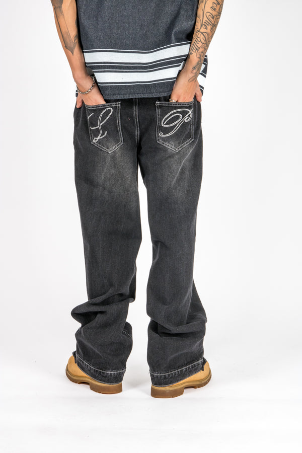 Liquor & Poker Washed Black Contrast Stitch Barrel Varsity Jeans