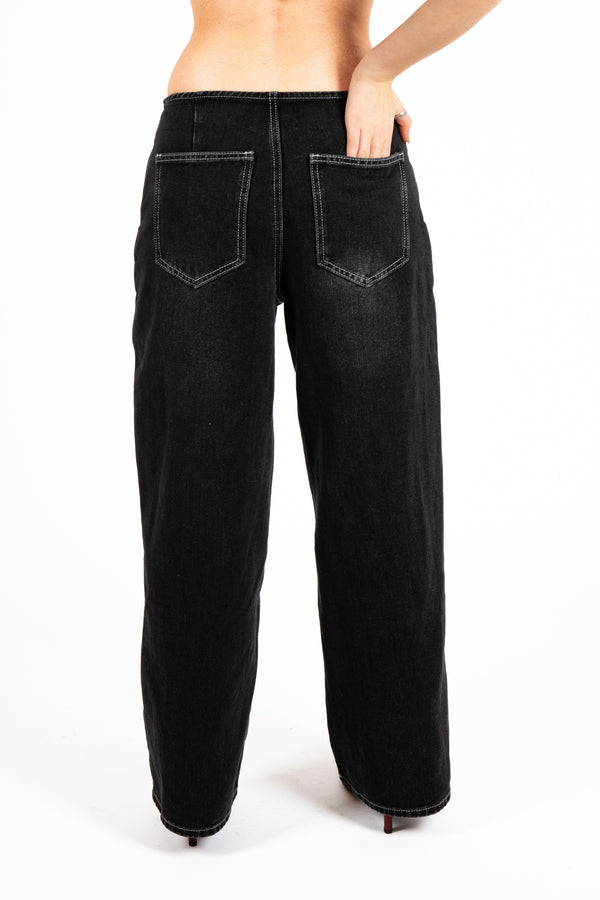 Liquor & Poker Washed Black Contrast Stitch & Buckle Detail Baggy Jean