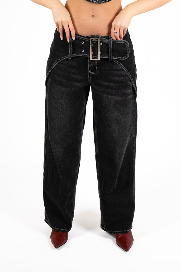 Liquor & Poker Washed Black Contrast Stitch & Buckle Detail Baggy Jean