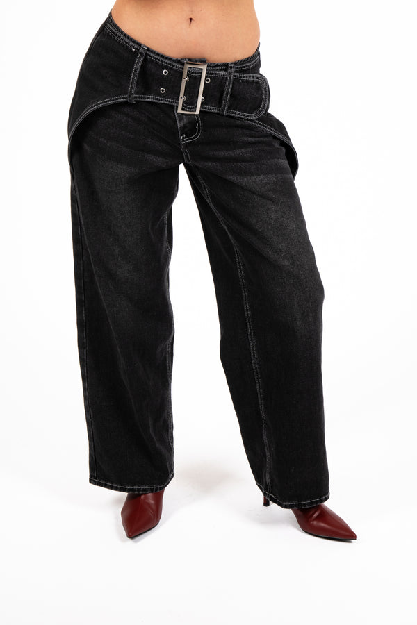 Liquor & Poker Washed Black Contrast Stitch & Buckle Detail Baggy Jean