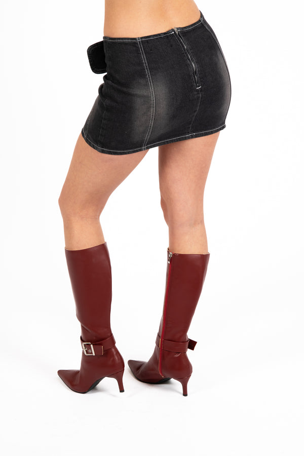 Liquor & Poker Washed Black Contrast Stitch & Buckle Detail Micro Mini Skirt