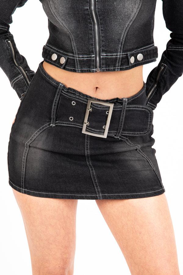 liquor & poker Washed Black Contrast Stitch & Buckle Detail Micro Mini Skirt