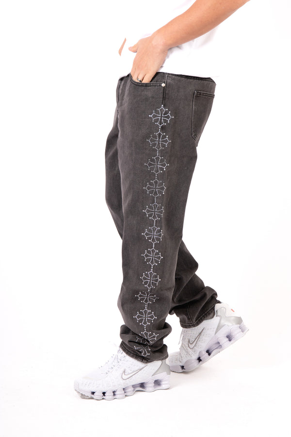 Liquor & Poker Washed Black Embellished Side Jean Rhinestone Jean