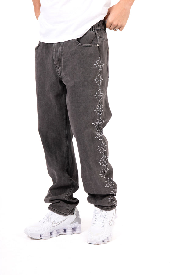 liquor & poker Washed Black Embellished Side Jean Rhinestone Jean