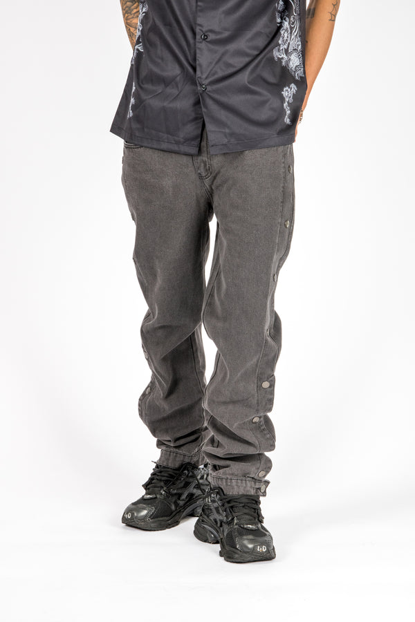 Liquor & Poker Washed Black Popper Detail Straight Leg Jeans