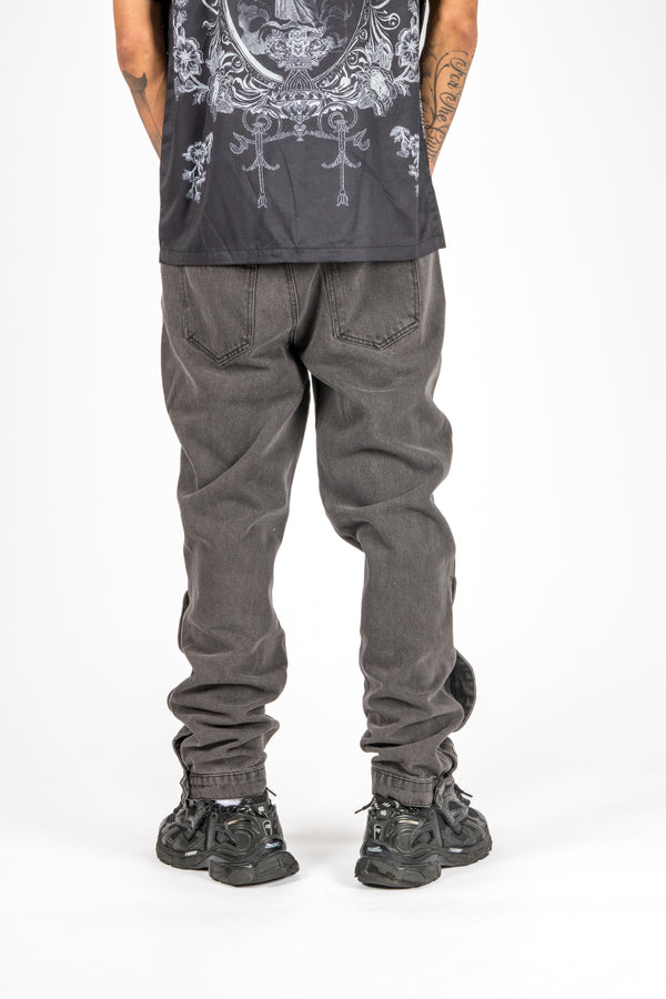 Liquor & Poker Washed Black Popper Detail Straight Leg Jeans