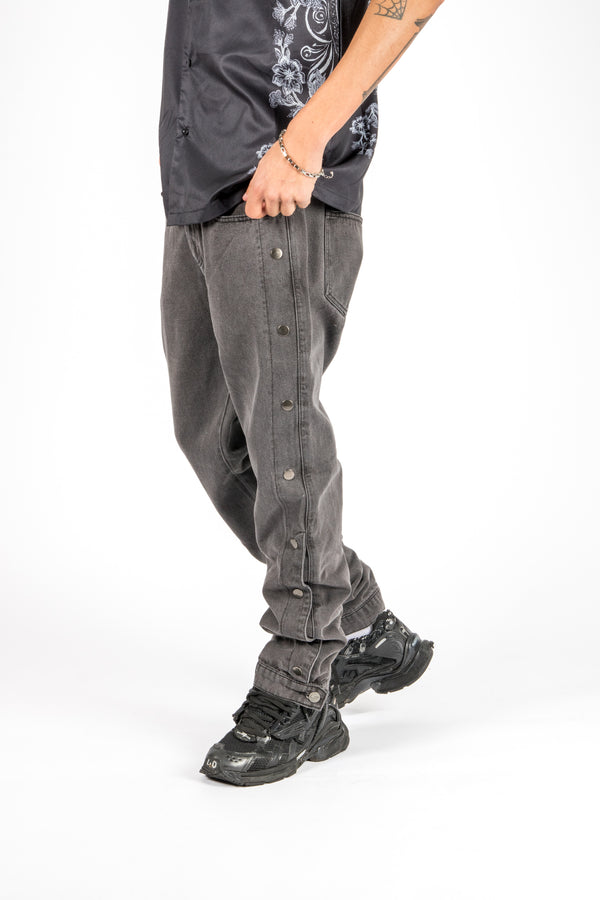 liquor & poker Washed Black Popper Detail Straight Leg Jeans