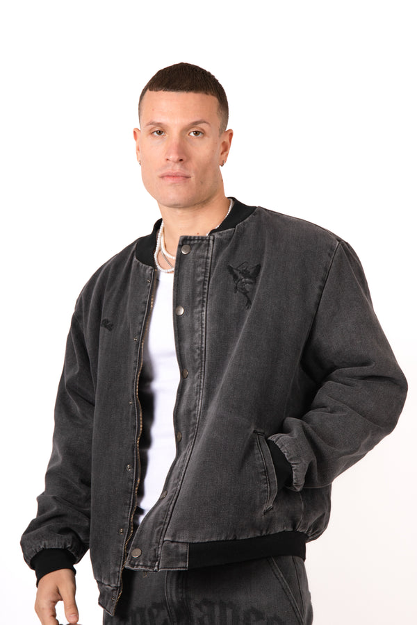 liquor & poker Washed Black 'Repentance' Motif Bomber Jacket