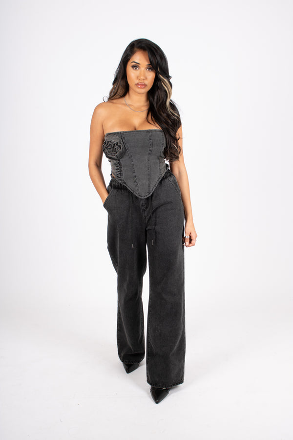 Liquor & Poker Washed Black Rose Denim Stretch Corset