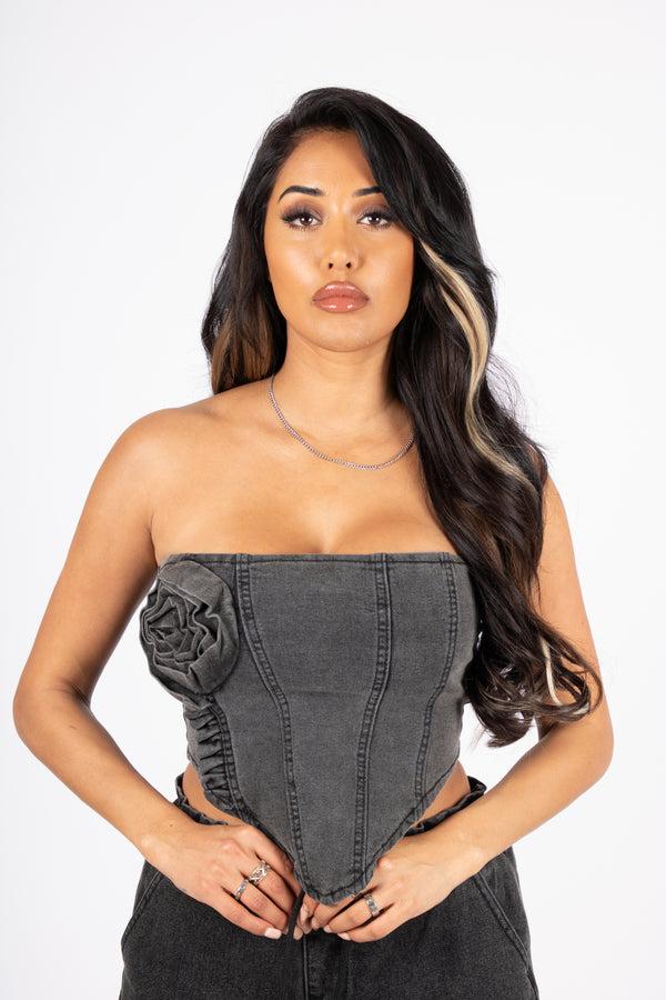 Liquor & Poker Washed Black Rose Denim Stretch Corset