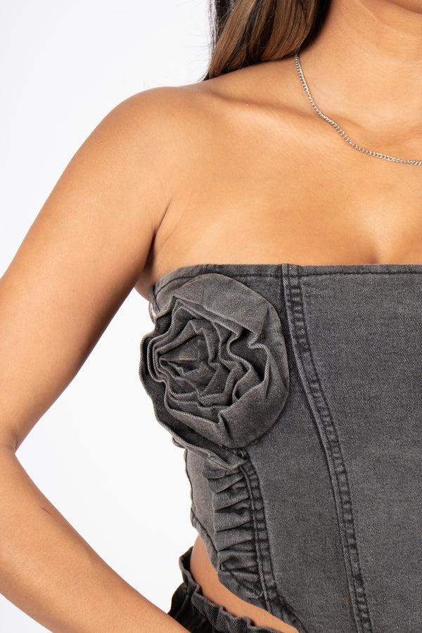 liquor & poker Washed Black Rose Denim Stretch Corset