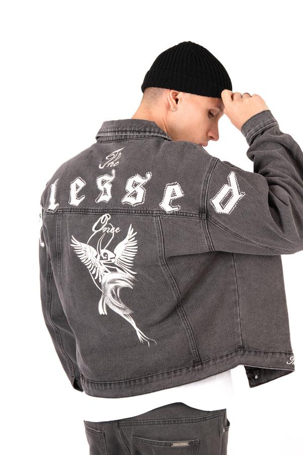 Liquor & Poker Washed Black 'The Blessed One' Motif Printed Denim Jacket