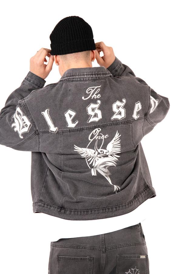 Liquor & Poker Washed Black 'The Blessed One' Motif Printed Denim Jacket