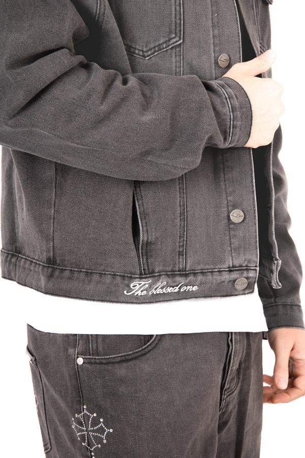 Liquor & Poker Washed Black 'The Blessed One' Motif Printed Denim Jacket