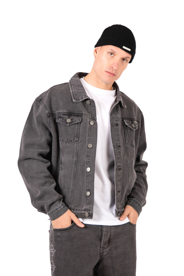 liquor & poker Washed Black 'The Blessed One' Motif Printed Denim Jacket