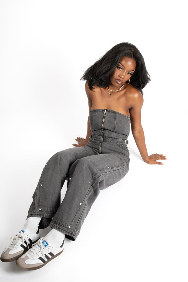 Liquor & Poker Washed Black Utility Carpenter Banded Denim Jumpsuit