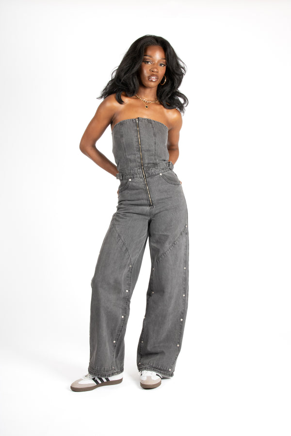 Liquor & Poker Washed Black Utility Carpenter Banded Denim Jumpsuit