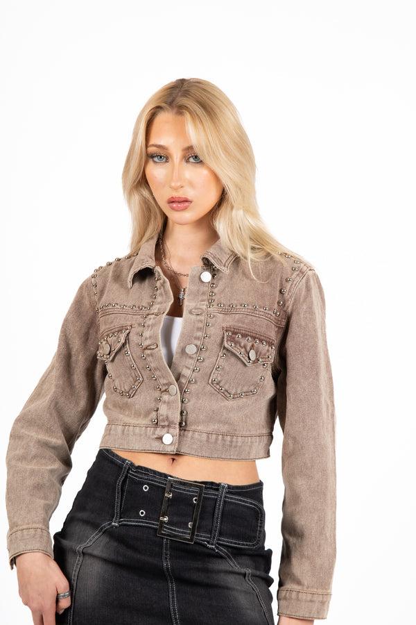 Liquor & Poker Washed Brown Stud Detail Cropped Denim Jacket