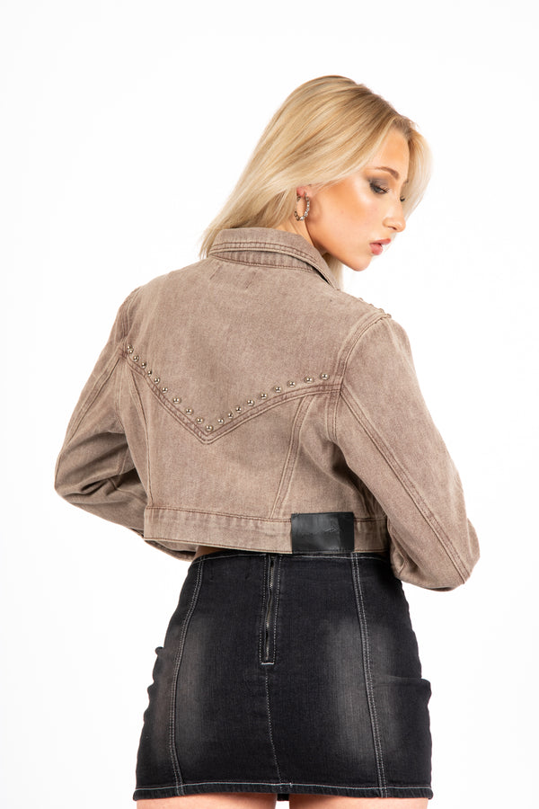 Liquor & Poker Washed Brown Stud Detail Cropped Denim Jacket