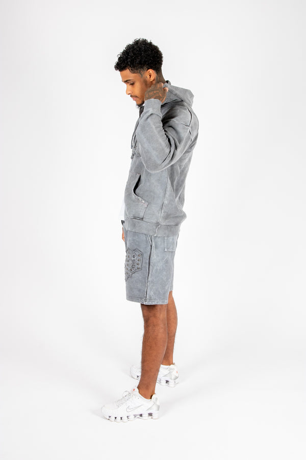 Liquor & Poker Washed Grey Appliqué & Stud Detail Shorts