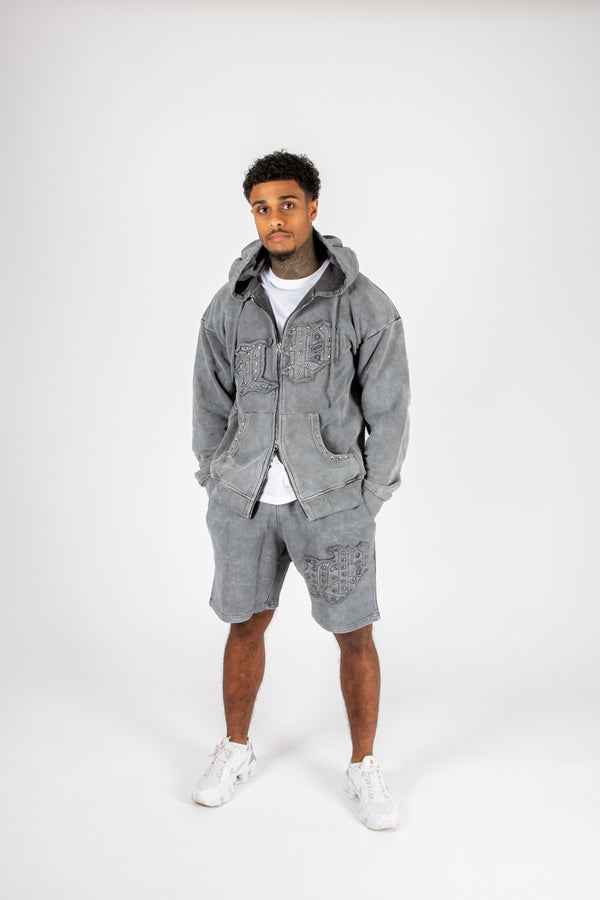 liquor & poker Washed Grey Appliqué & Stud Detail Shorts