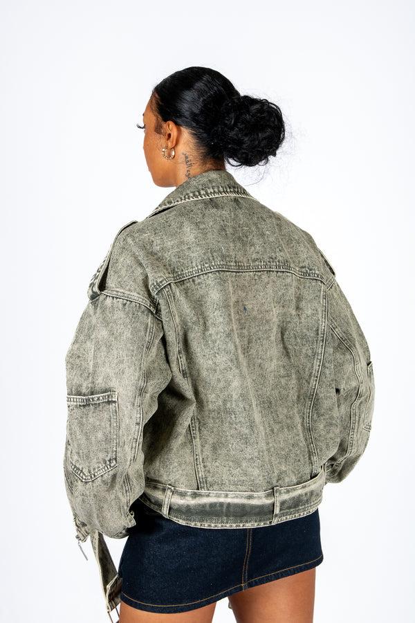 Liquor & Poker Washed Khaki Oversized Biker Denim Jacket