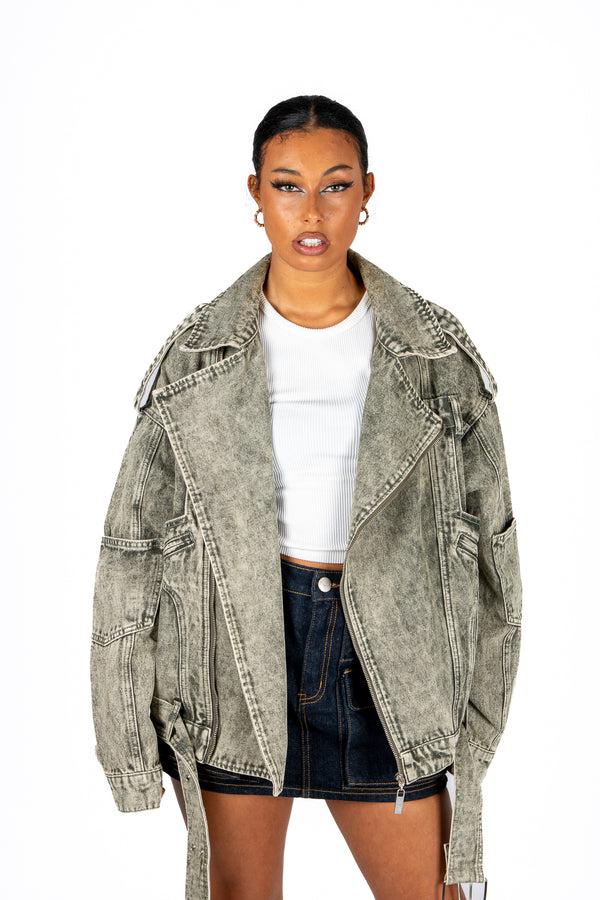 Liquor & Poker Washed Khaki Oversized Biker Denim Jacket