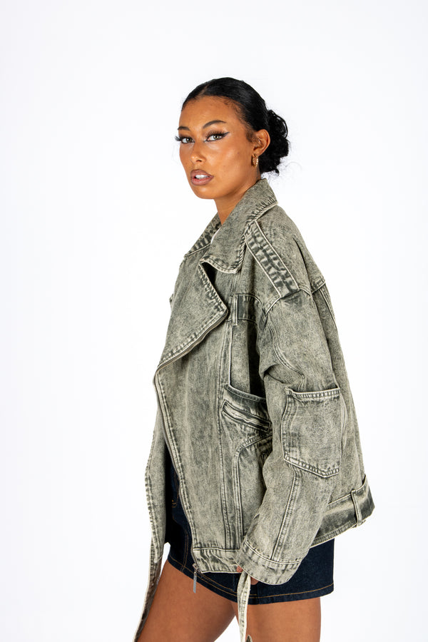 liquor & poker Washed Khaki oversized Biker Denim Jacket