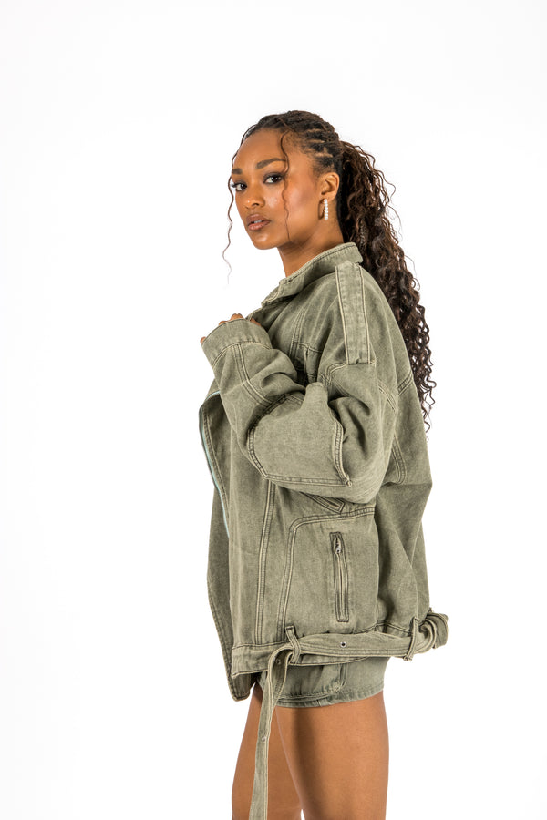 Liquor & Poker Washed Khaki Oversized Denim Biker Jacket