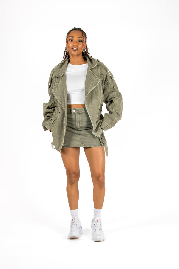 Liquor & Poker Washed Khaki Oversized Denim Biker Jacket