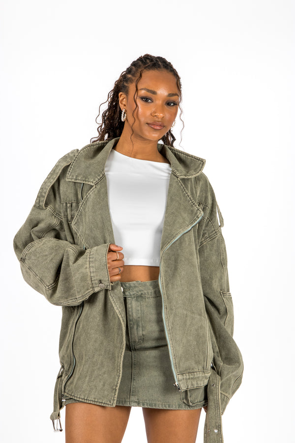 liquor & poker Washed Khaki Oversized Denim Biker Jacket