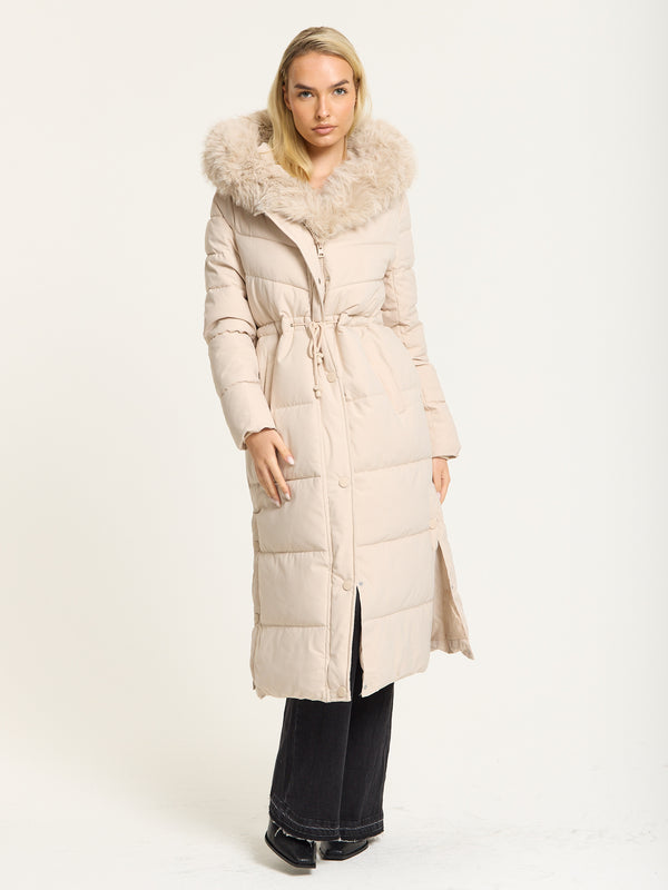 Liquorish Beige Long Padded Coat With Faux Fur Hood