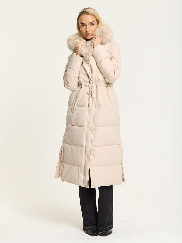 Liquorish Beige Long Padded Coat With Faux Fur Hood