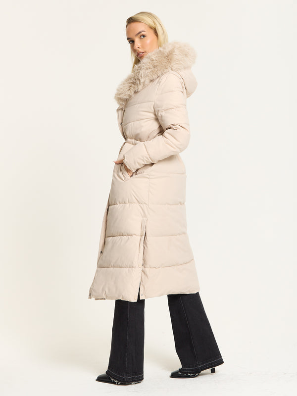 Liquorish Beige Long Padded Coat With Faux Fur Hood