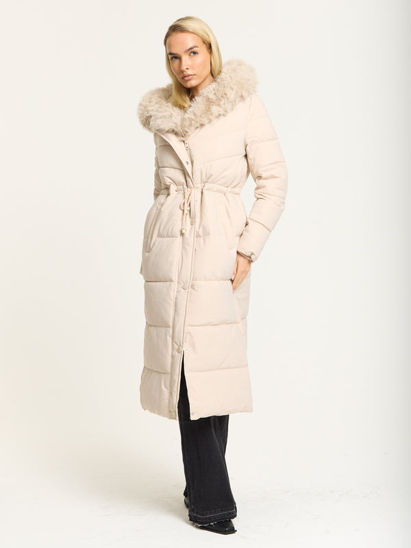 Liquorish Beige Long Padded Coat with Faux Fur Hood