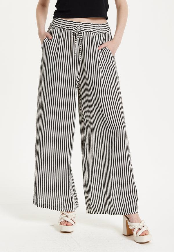 Liquorish Black And White Striped Linen Wide Leg Trousers