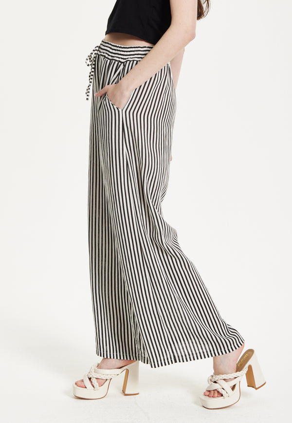 Liquorish Black And White Striped Linen Wide Leg Trousers