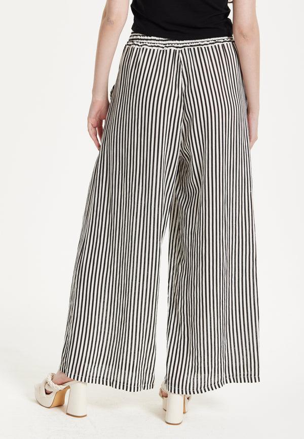 Liquorish Black And White Striped Linen Wide Leg Trousers