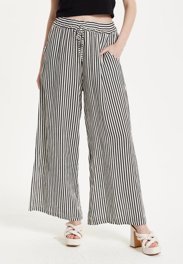 Liquorish Black and White Striped Linen Wide Leg Trousers