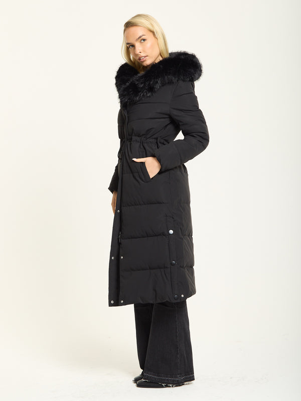 Liquorish Black Long Padded Coat With Faux Fur Hood