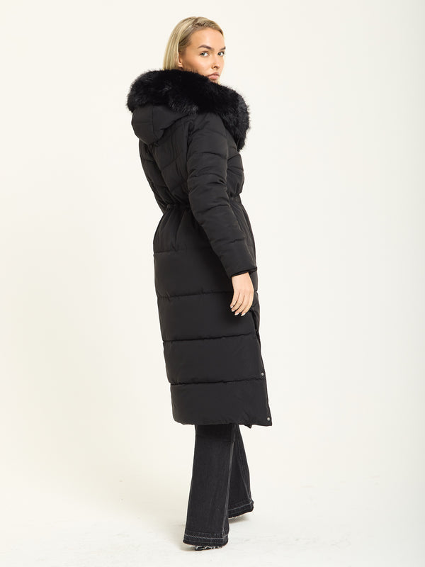 Liquorish Black Long Padded Coat With Faux Fur Hood