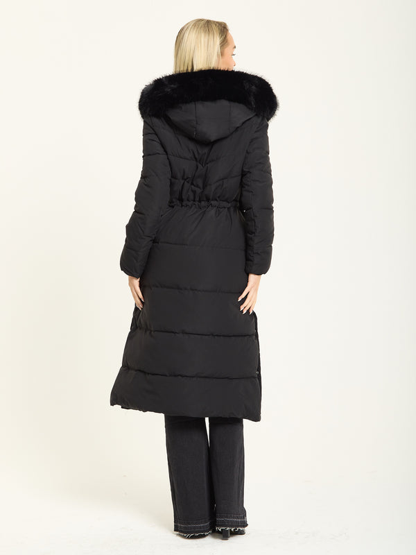 Liquorish Black Long Padded Coat With Faux Fur Hood