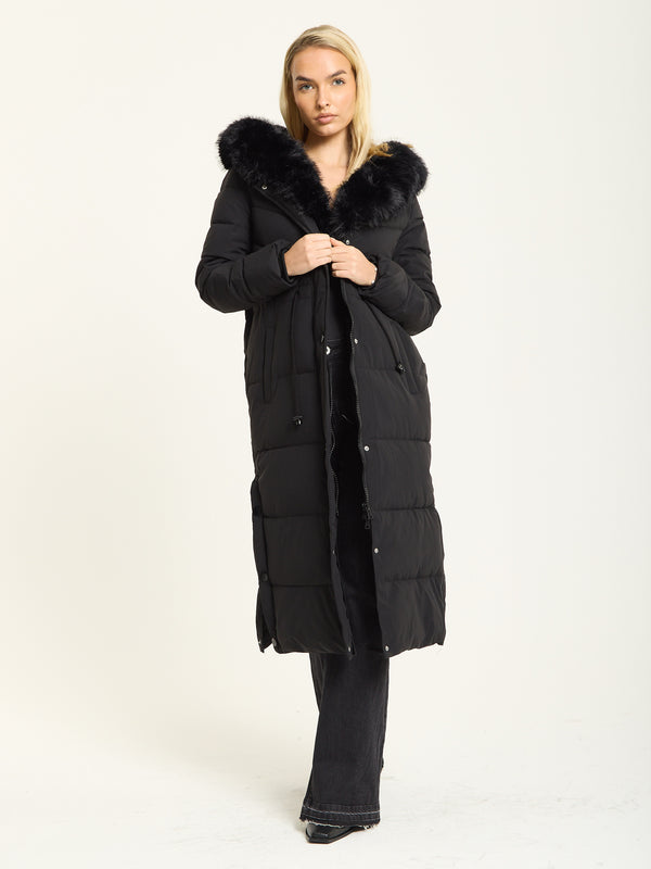 Liquorish Black Long Padded Coat with Faux Fur Hood
