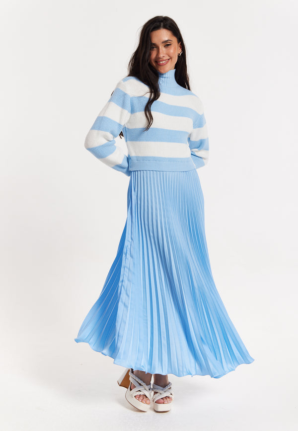 Liquorish Blue Stripe Turtleneck Pleated Maxi Dress