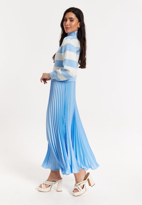 Liquorish Blue Stripe Turtleneck Pleated Maxi Dress